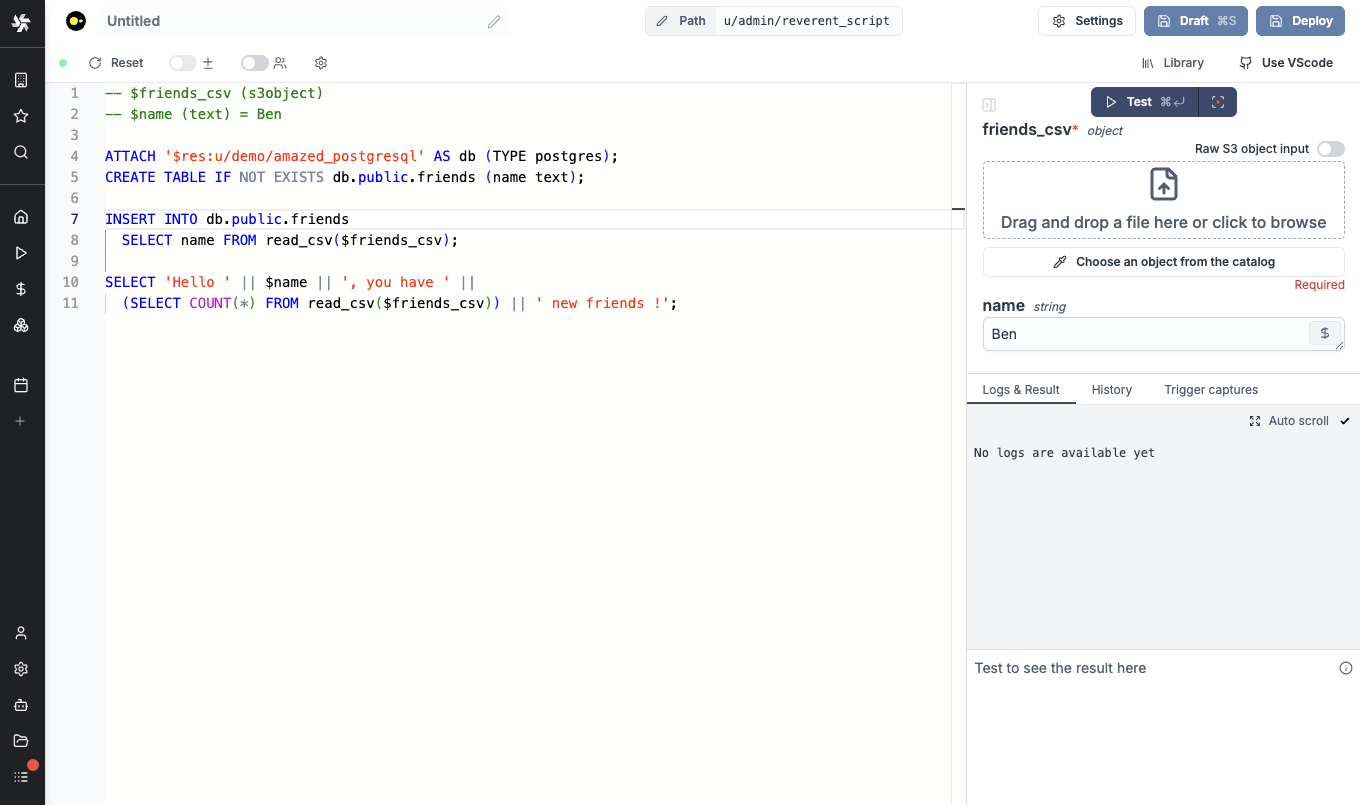 Run a DuckDB script with Windmill Integration between DuckDB and Windmill